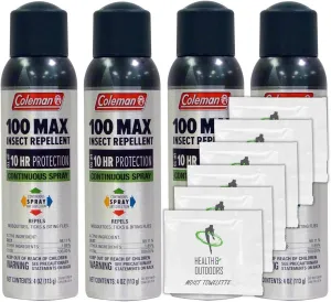 Coleman Max 100% Deet Insect Repellent - 4 oz Continuous Spray - Pack of 4 - w/ (6) Healthandoutdoor Hand Wipes