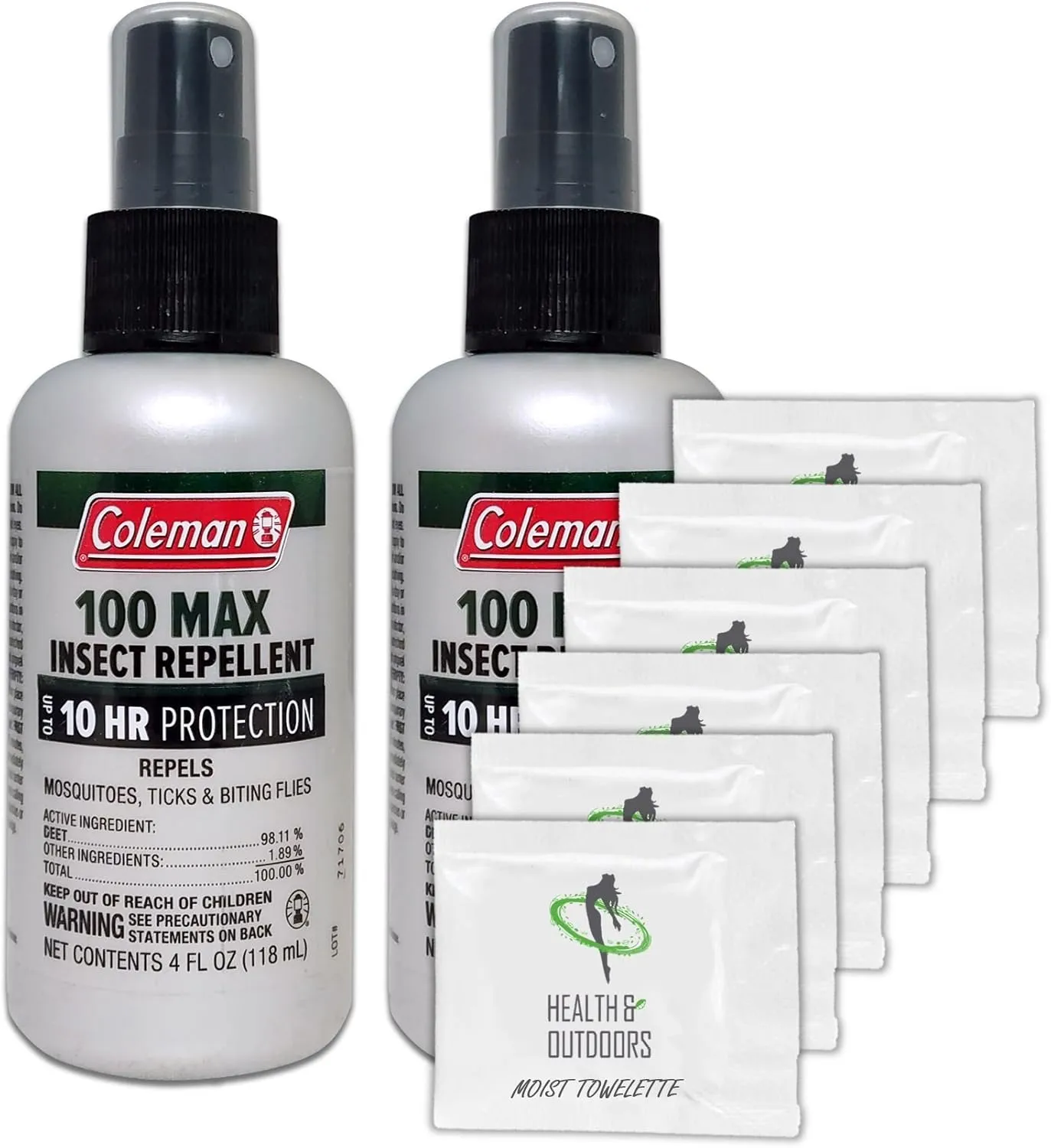 Coleman Max 100% Deet Insect Repellent - 4 oz Pump - Pack of 2 - w/ (6) Healthandoutdoor Hand WipesQ