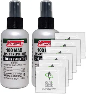 Coleman Max 100% Deet Insect Repellent - 4 oz Pump - Pack of 2 - w/ (6) Healthandoutdoor Hand WipesQ