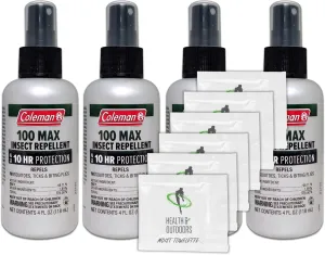 Coleman Max 100% Deet Insect Repellent 4 oz Pump Spray - Pack of 4 - w/ (6) Healthandoutdoor Hand Wipes