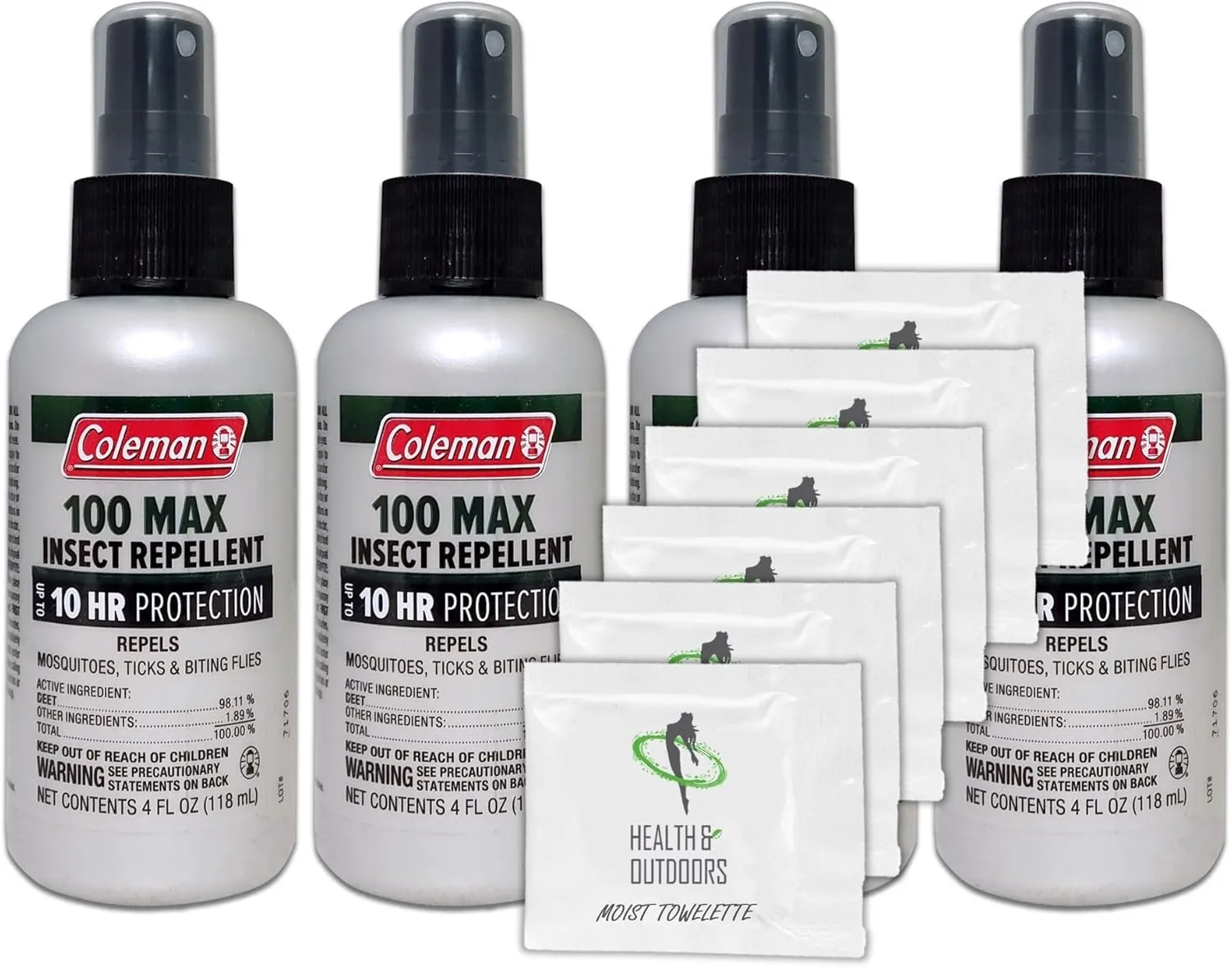 Coleman Max 100% Deet Insect Repellent 4 oz Pump Spray - Pack of 4 - w/ (6) Healthandoutdoor Hand Wipes