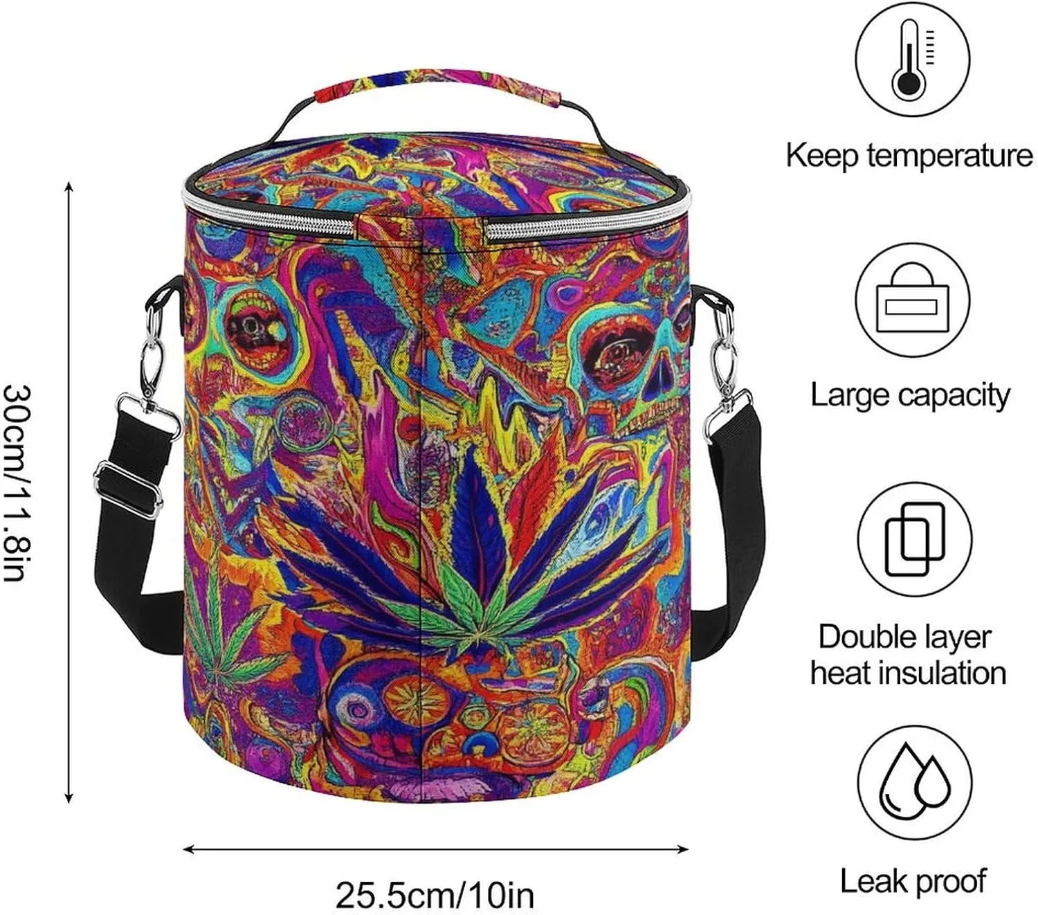 Collapsible Colorful Skull Weed Leaf Trippy Art Lunch Backpack for Women, Large Capacity Cooler Bag for Camping Picnic Lunch Travel Outdoor Beach