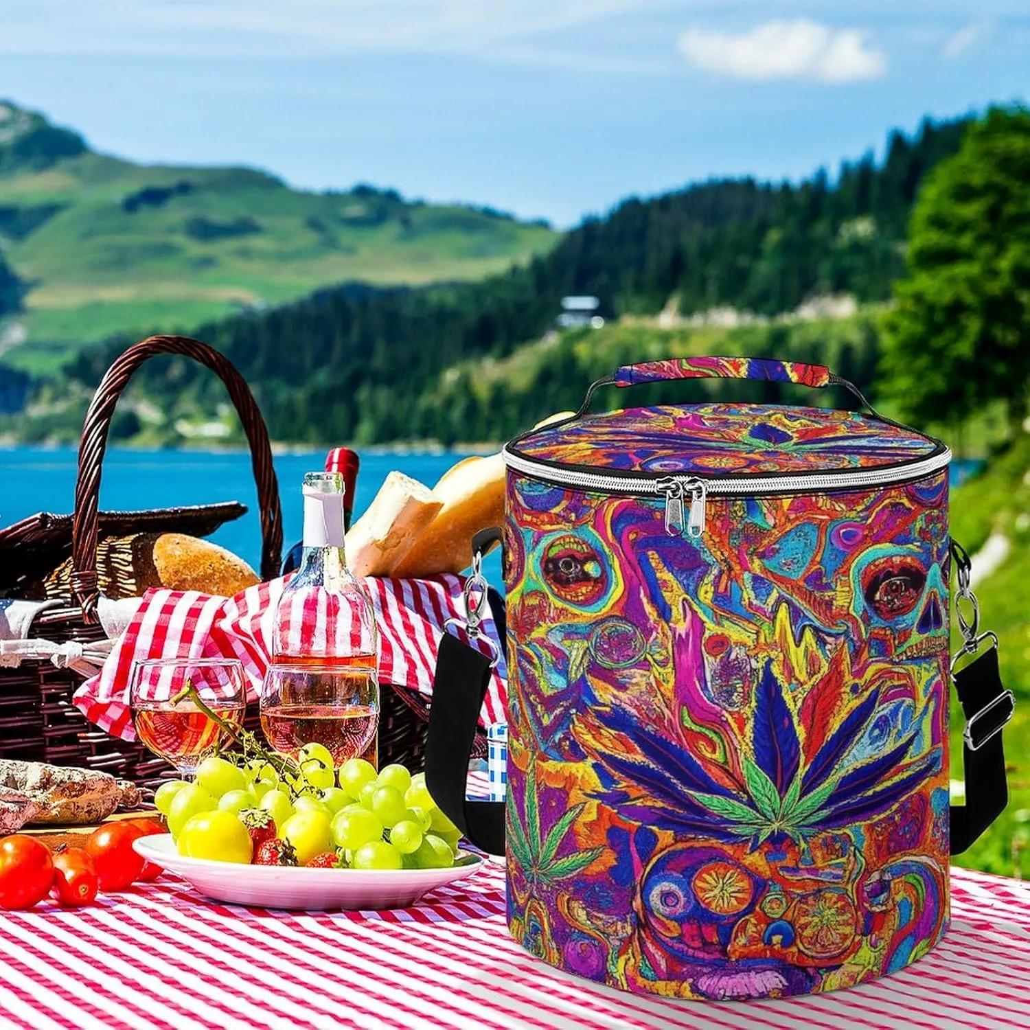 Collapsible Colorful Skull Weed Leaf Trippy Art Lunch Backpack for Women, Large Capacity Cooler Bag for Camping Picnic Lunch Travel Outdoor Beach