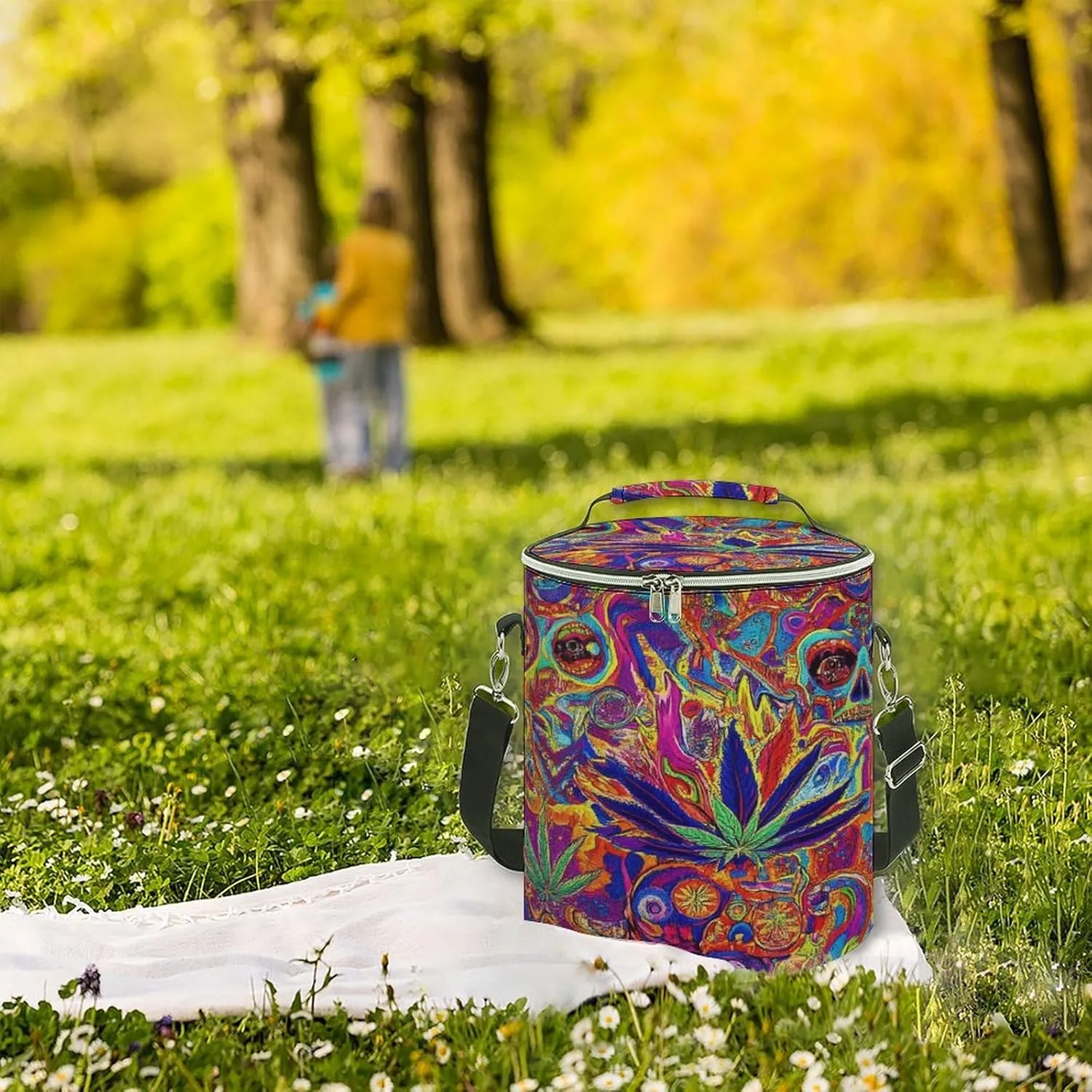 Collapsible Colorful Skull Weed Leaf Trippy Art Lunch Backpack for Women, Large Capacity Cooler Bag for Camping Picnic Lunch Travel Outdoor Beach