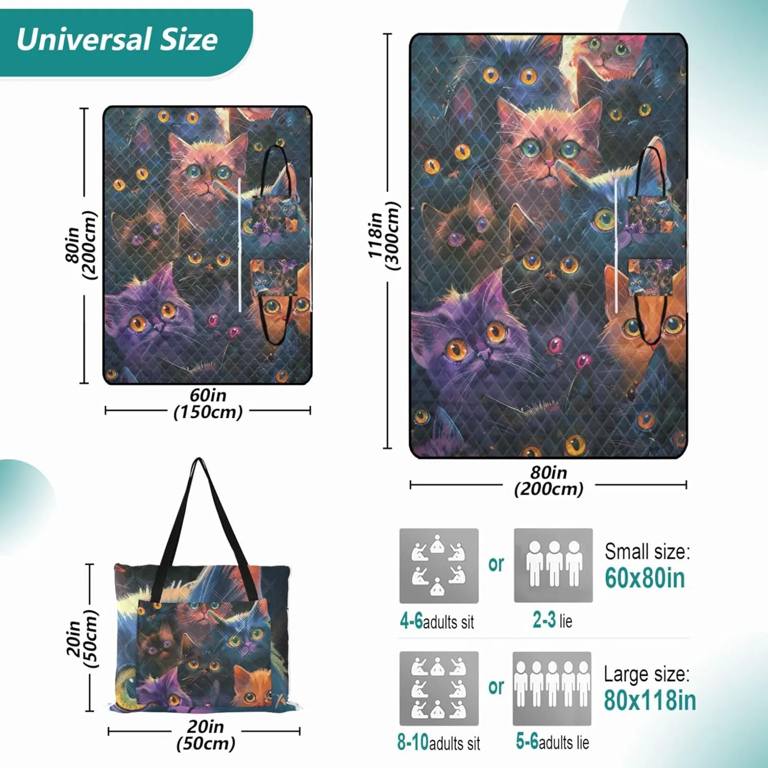 Colorful Cats Kitten Waterproof Beach Blanket Oversized, Print Outside Blankets for Grass Foldable Picnic Blankets Large, 80" x 60"