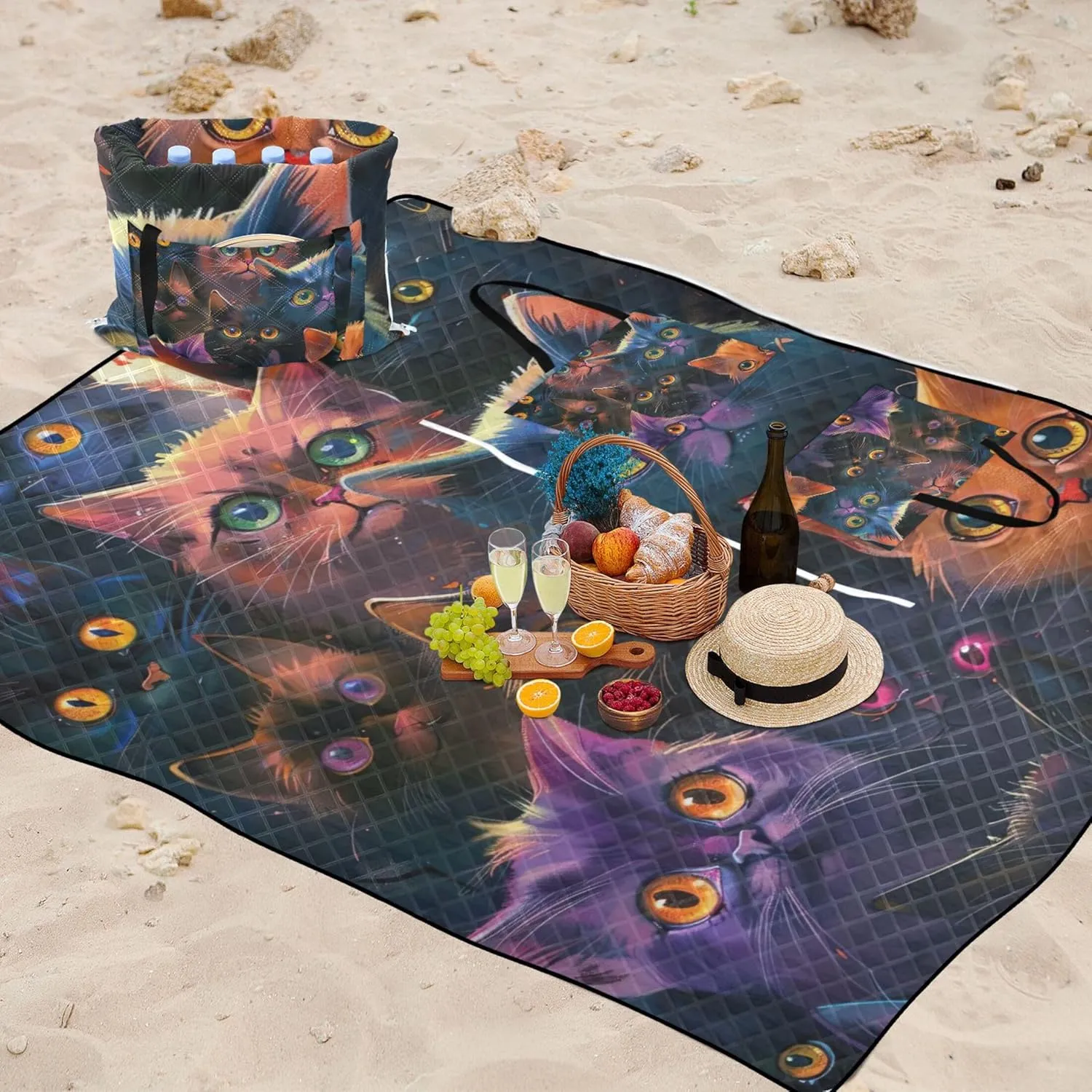 Colorful Cats Kitten Waterproof Beach Blanket Oversized, Print Outside Blankets for Grass Foldable Picnic Blankets Large, 80" x 60"