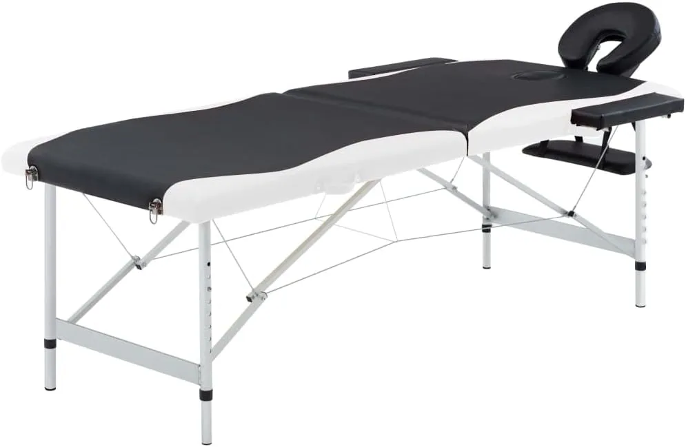 Comfortable and Portable 2-Zone Foldable Massage Table, Adjustable Height, Foam Cushion, Black and White