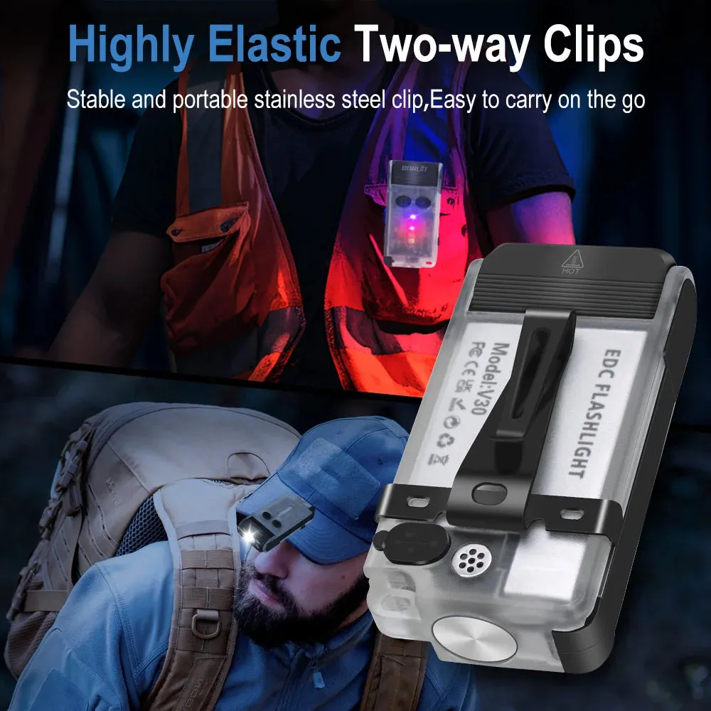 Compact EDC LED UV Flashlight, Rechargeable Power Bank Work Light, Magnetic Clip, Buzzer, Camping Pocket Lantern