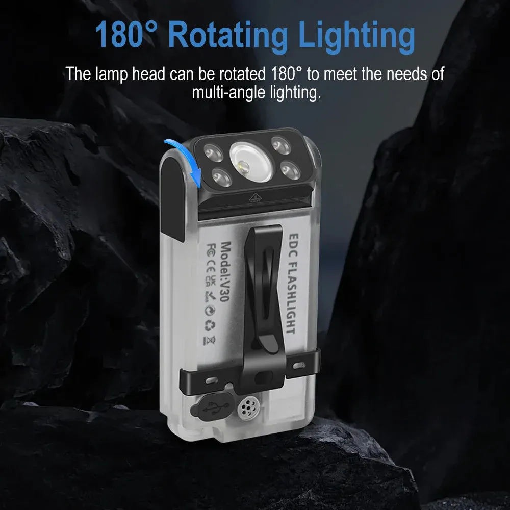 Compact EDC LED UV Flashlight, Rechargeable Power Bank Work Light, Magnetic Clip, Buzzer, Camping Pocket Lantern