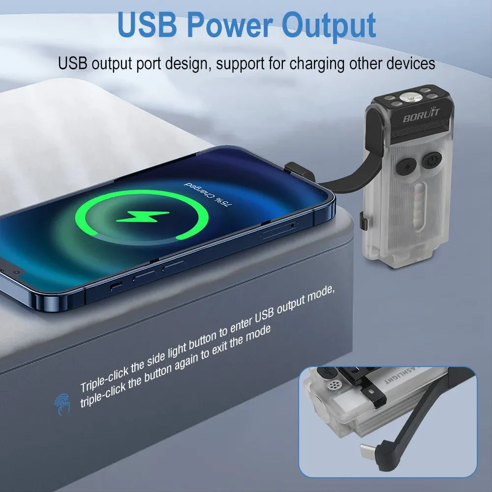 Compact EDC LED UV Flashlight, Rechargeable Power Bank Work Light, Magnetic Clip, Buzzer, Camping Pocket Lantern