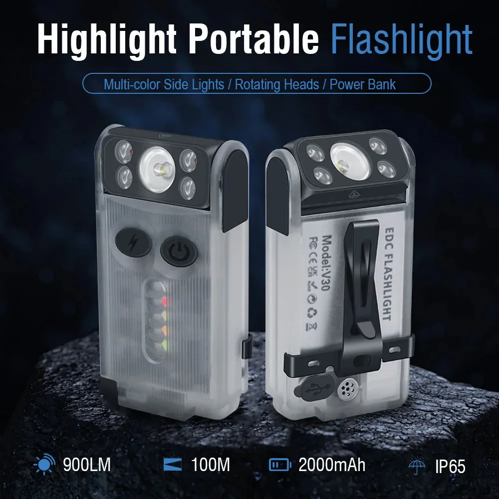 Compact EDC LED UV Flashlight, Rechargeable Power Bank Work Light, Magnetic Clip, Buzzer, Camping Pocket Lantern
