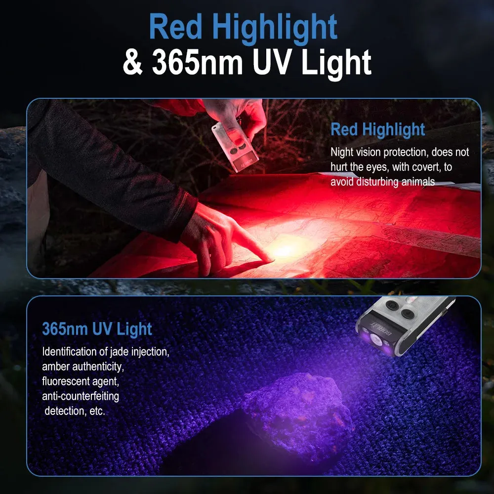 Compact EDC LED UV Flashlight, Rechargeable Power Bank Work Light, Magnetic Clip, Buzzer, Camping Pocket Lantern