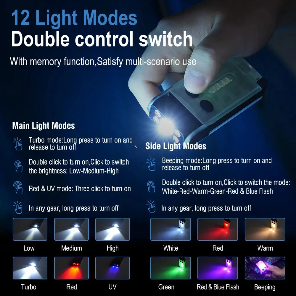 Compact EDC LED UV Flashlight, Rechargeable Power Bank Work Light, Magnetic Clip, Buzzer, Camping Pocket Lantern