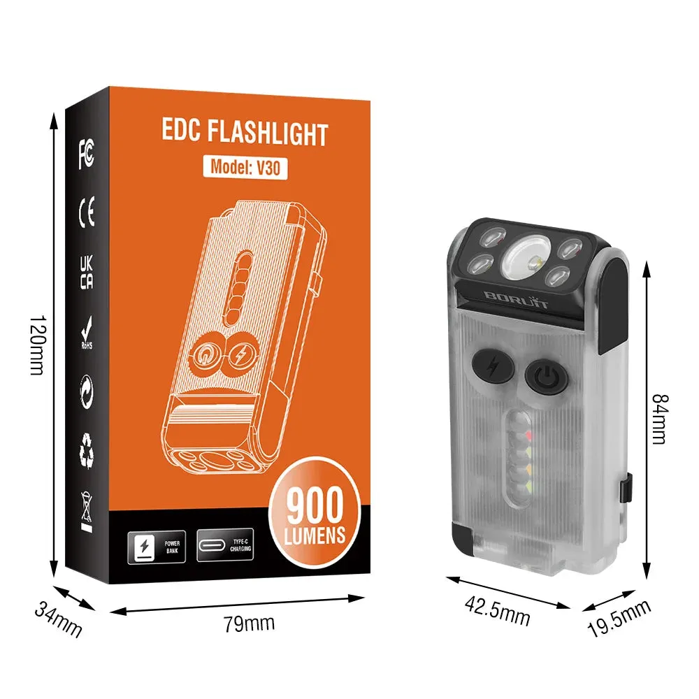 Compact EDC LED UV Flashlight, Rechargeable Power Bank Work Light, Magnetic Clip, Buzzer, Camping Pocket Lantern