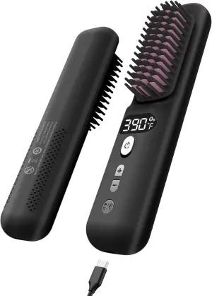 Cordless Hair Straightener Brush - Portable Hair Straightener for Travel,Wireless Straightening Brush with LED Screen for Women,Mini Hot Brush with 9 Adjustable Temp Anti-Scald USB Rechargeable