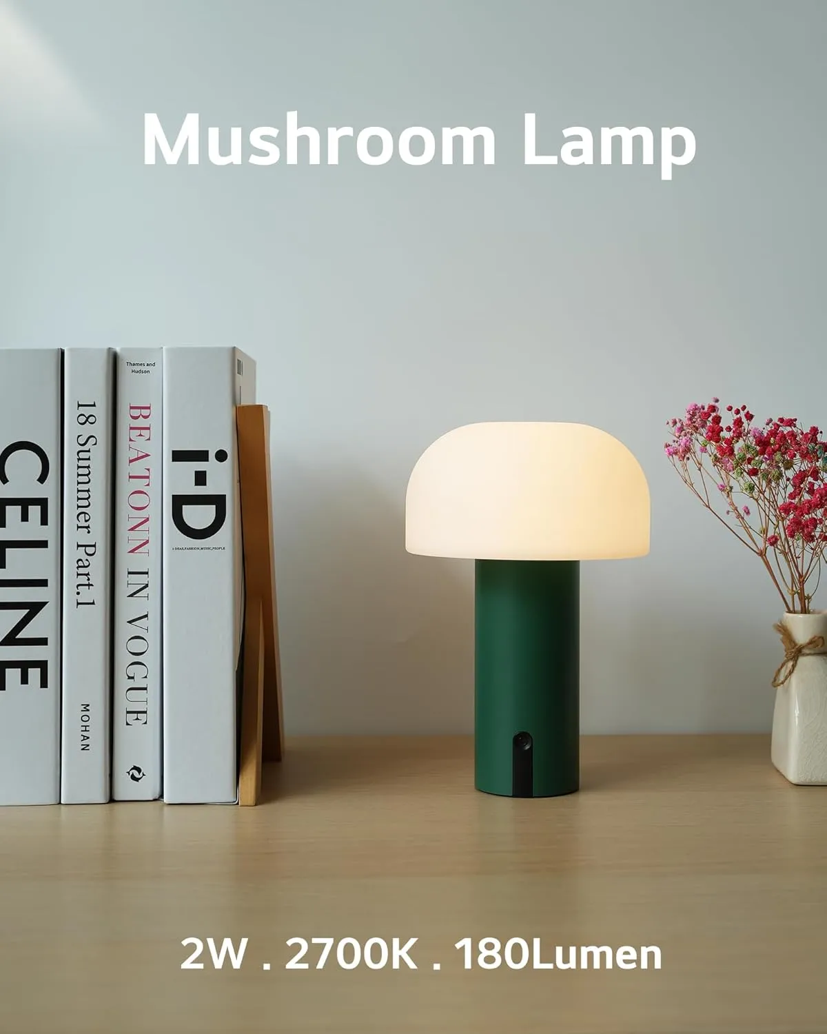 Cordless Mushroom Table Lamp, Waterproof Shower Lamp, Battery Operated Table Lamp Rechargeable, Touch Dimmable Night Light for Bedroom/Patio/Camping/Dinning/Outdoor (Green)