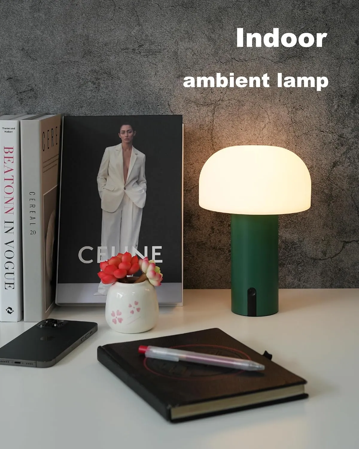 Cordless Mushroom Table Lamp, Waterproof Shower Lamp, Battery Operated Table Lamp Rechargeable, Touch Dimmable Night Light for Bedroom/Patio/Camping/Dinning/Outdoor (Green)