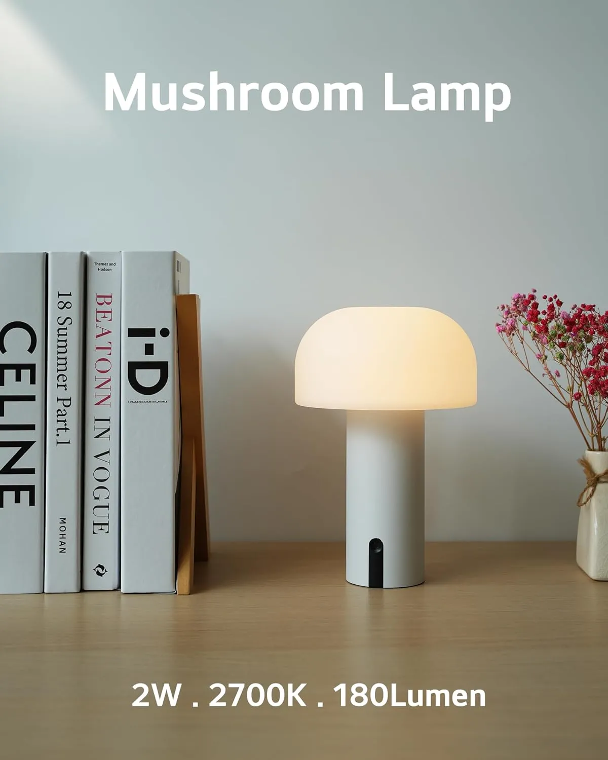 Cordless Mushroom Table Lamp, Waterproof Shower Lamp, Battery Operated Table Lamp Rechargeable, Touch Dimmable Night Light for Bedroom/Patio/Camping/Dinning/Outdoor (White)