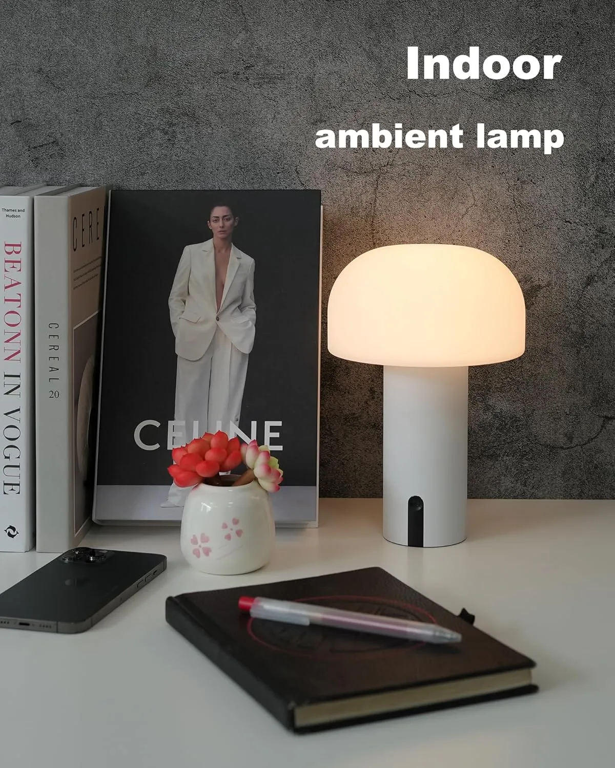Cordless Mushroom Table Lamp, Waterproof Shower Lamp, Battery Operated Table Lamp Rechargeable, Touch Dimmable Night Light for Bedroom/Patio/Camping/Dinning/Outdoor (White)