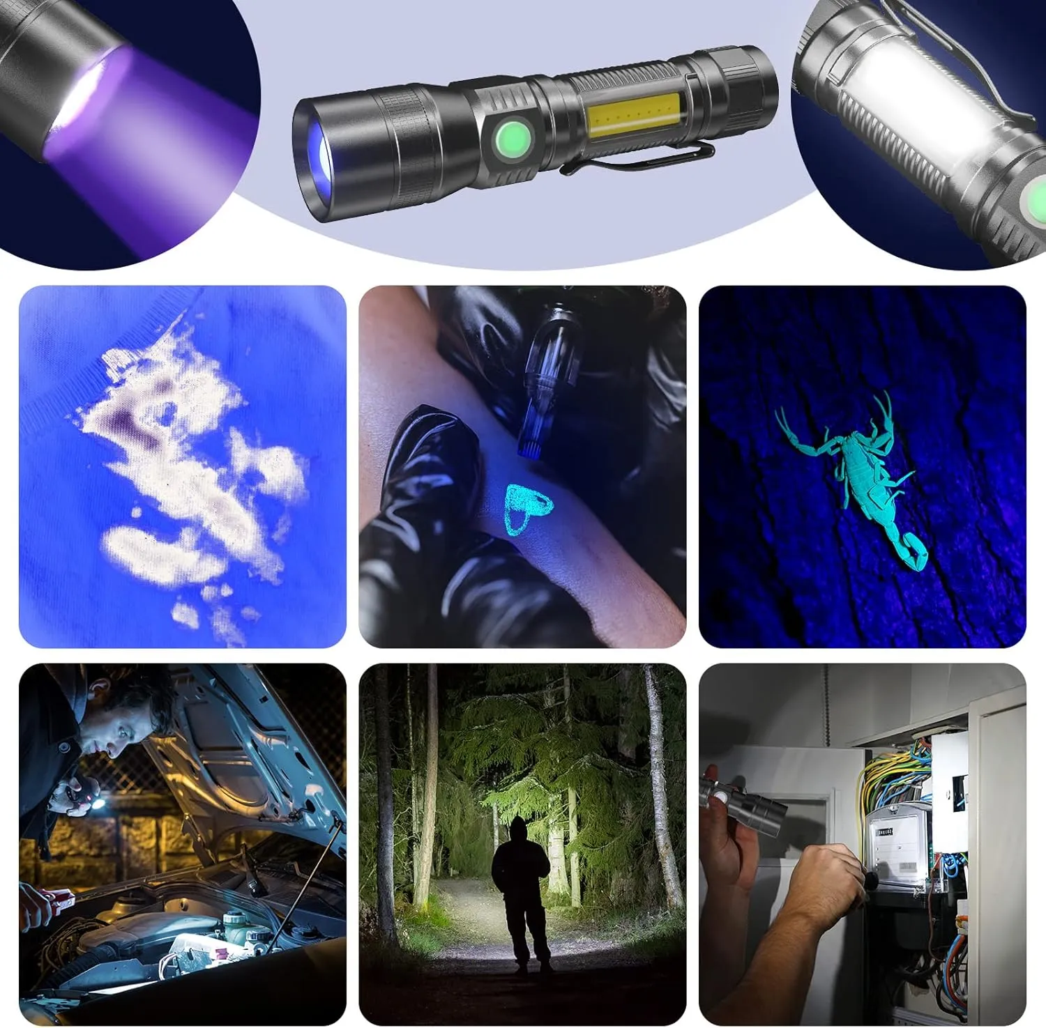 COSOOS 2 Pack UV Flashlight Black Lights, USB Rechargeable UV Light with 7 Modes, IPX 4 Waterproof, Zoomable Pet Urine Detector for Stains, Bed Bugs, Scorpions, Emergency