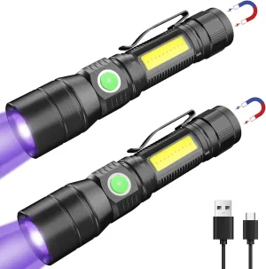 COSOOS 2 Pack UV Flashlight Black Lights, USB Rechargeable UV Light with 7 Modes, IPX 4 Waterproof, Zoomable Pet Urine Detector for Stains, Bed Bugs, Scorpions, Emergency