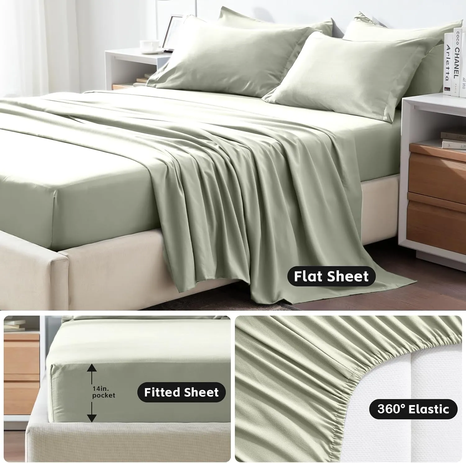COZYART Full Comforter Set 7 Pcs, Sage Green Bed in a Bag, All Season Lightweight Soft Reversible Bedding Set, 1 Comforter, 1 Flat Sheet, 1 Fitted Sheet, 2 Pillow Shams, 2 Pillowcases