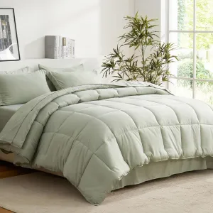 COZYART Full Comforter Set 7 Pcs, Sage Green Bed in a Bag, All Season Lightweight Soft Reversible Bedding Set, 1 Comforter, 1 Flat Sheet, 1 Fitted Sheet, 2 Pillow Shams, 2 Pillowcases
