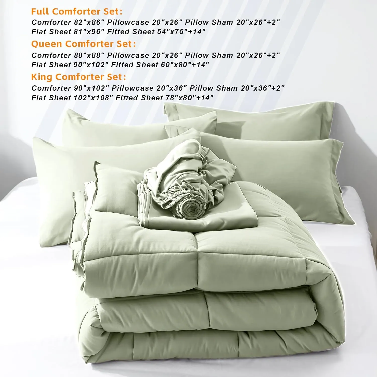 COZYART Full Comforter Set 7 Pcs, Sage Green Bed in a Bag, All Season Lightweight Soft Reversible Bedding Set, 1 Comforter, 1 Flat Sheet, 1 Fitted Sheet, 2 Pillow Shams, 2 Pillowcases