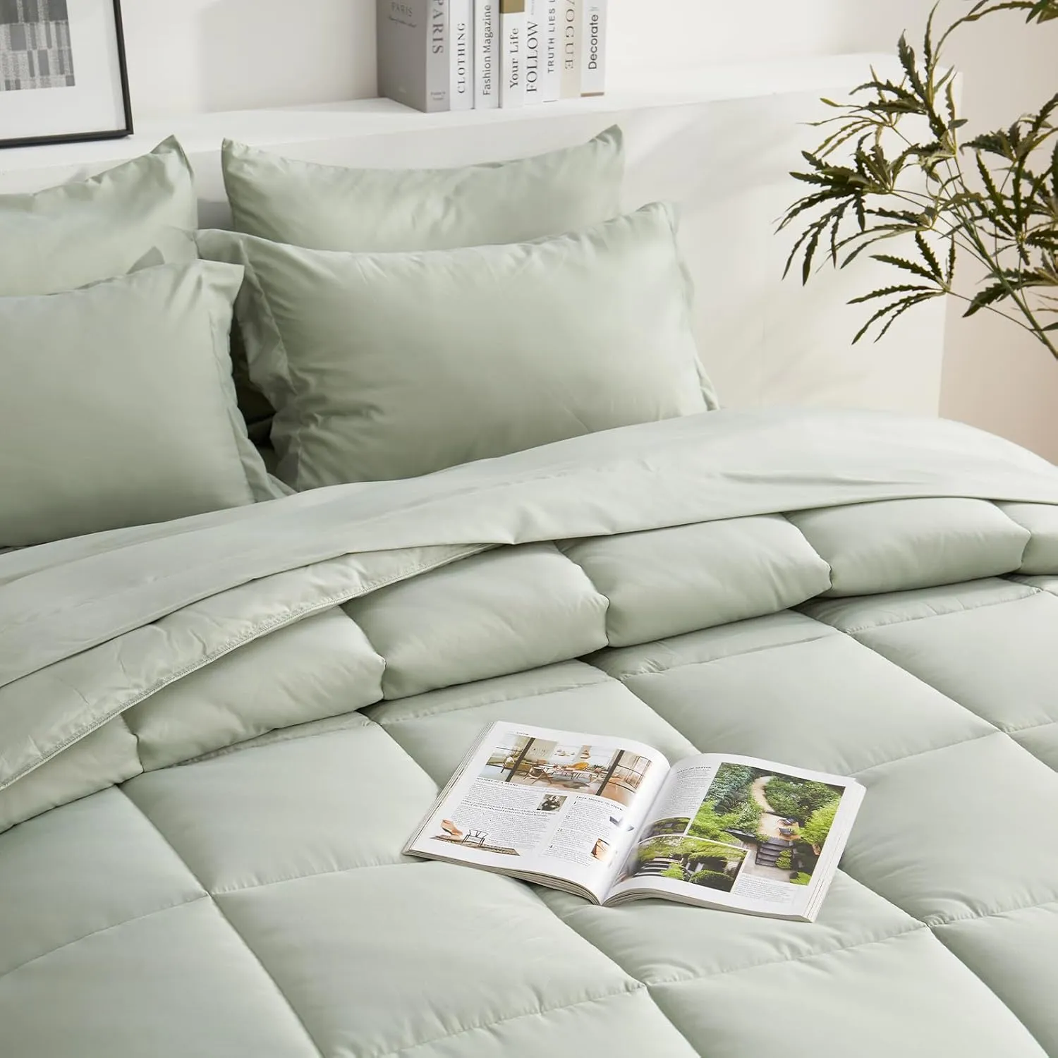 COZYART Full Comforter Set 7 Pcs, Sage Green Bed in a Bag, All Season Lightweight Soft Reversible Bedding Set, 1 Comforter, 1 Flat Sheet, 1 Fitted Sheet, 2 Pillow Shams, 2 Pillowcases