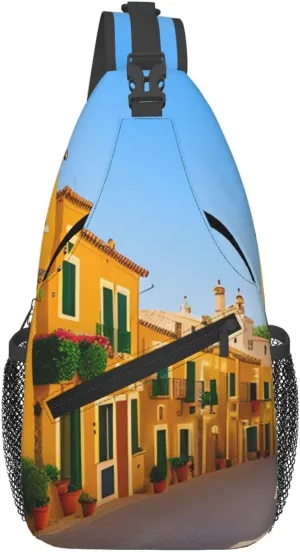 Cross Chest Bag Diagonally - Quality, Durable, and Spacious Shoulder Bag for Men and Women Mediterranean Street with Houses Printing