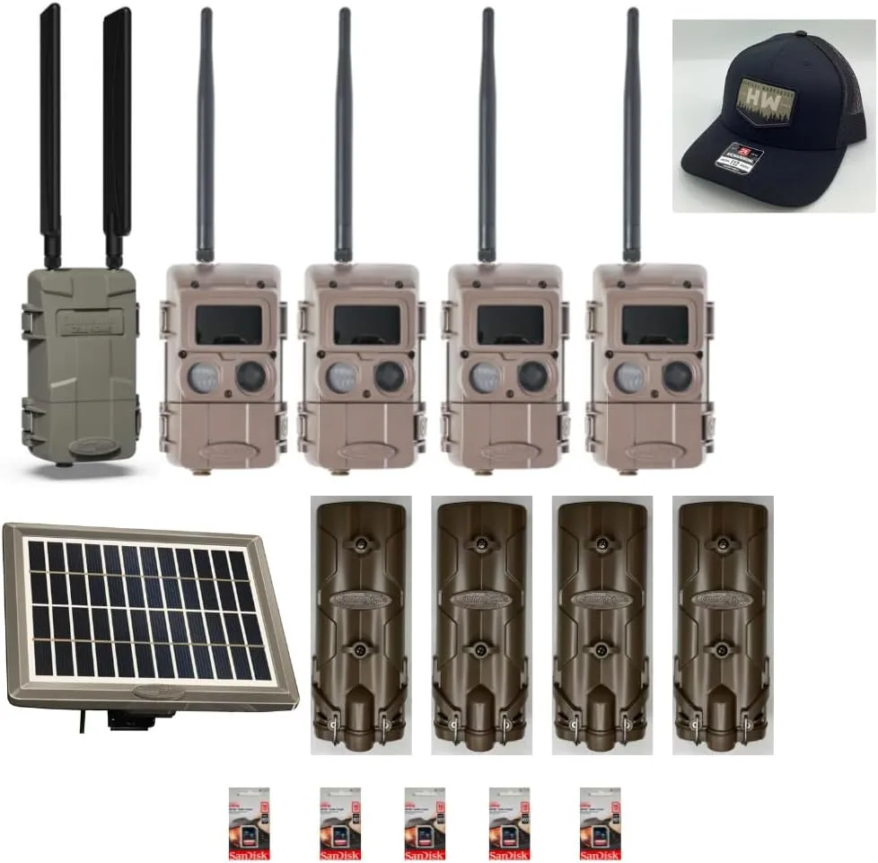Cuddeback L Series Home Cellular Unit Powered by Verizon or AT&T with 4 L Series Remote Blackflash Cameras and Additional Power Sources and 1 Hunters Warehouse Hat New