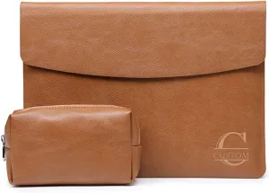 Custom Name Laptop Sleeve Case for MacBook Pro Air 13 14 15 16 11 12 inch M4 M3 M2 M1 Pro/Max Chip Retina A1534 A1278 A1286 Personalized Initials Engraved Surface Leather Bag Cover with Pouch, Brown