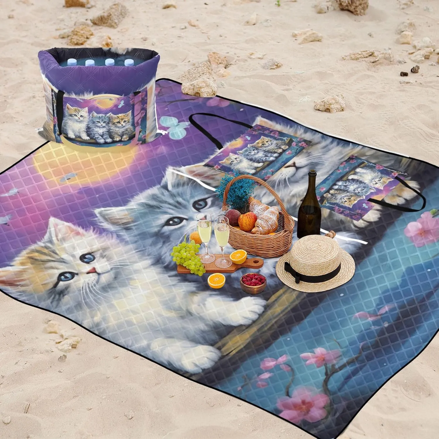 Cute Cats Family Sand Blankets for Beach Sandproof Foldable Picnic Mat Cute Grass Blanket Camping Mat 80" x 60"