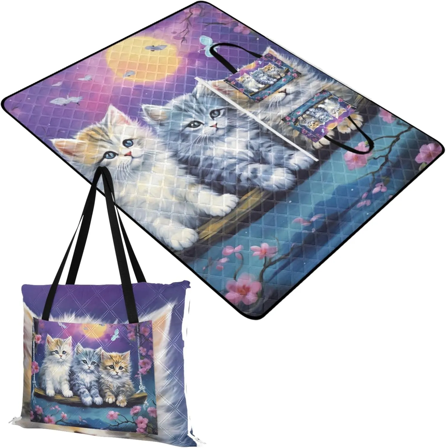 Cute Cats Family Sand Blankets for Beach Sandproof Foldable Picnic Mat Cute Grass Blanket Camping Mat 80" x 60"