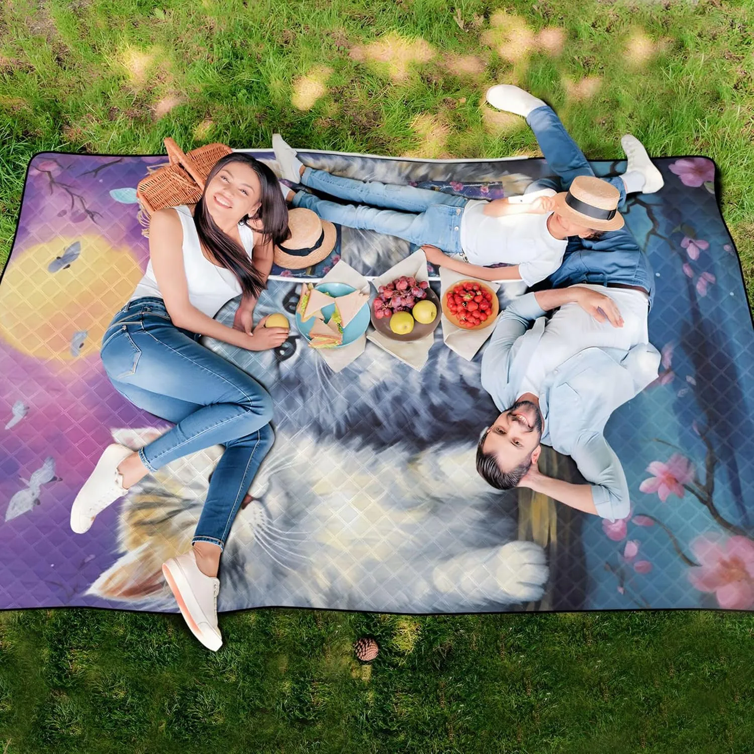Cute Cats Family Sand Blankets for Beach Sandproof Foldable Picnic Mat Cute Grass Blanket Camping Mat 80" x 60"