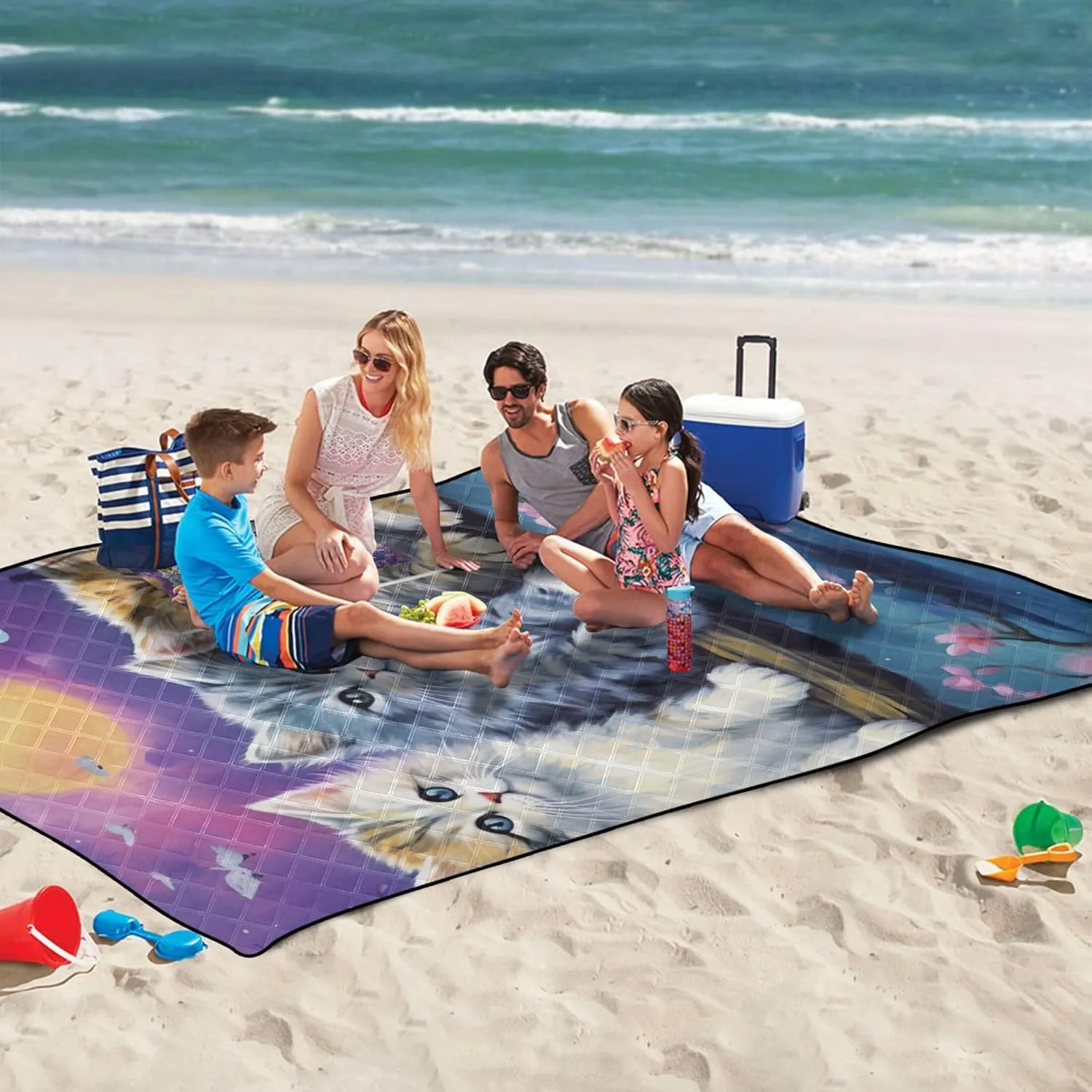 Cute Cats Family Sand Blankets for Beach Sandproof Foldable Picnic Mat Cute Grass Blanket Camping Mat 80" x 60"