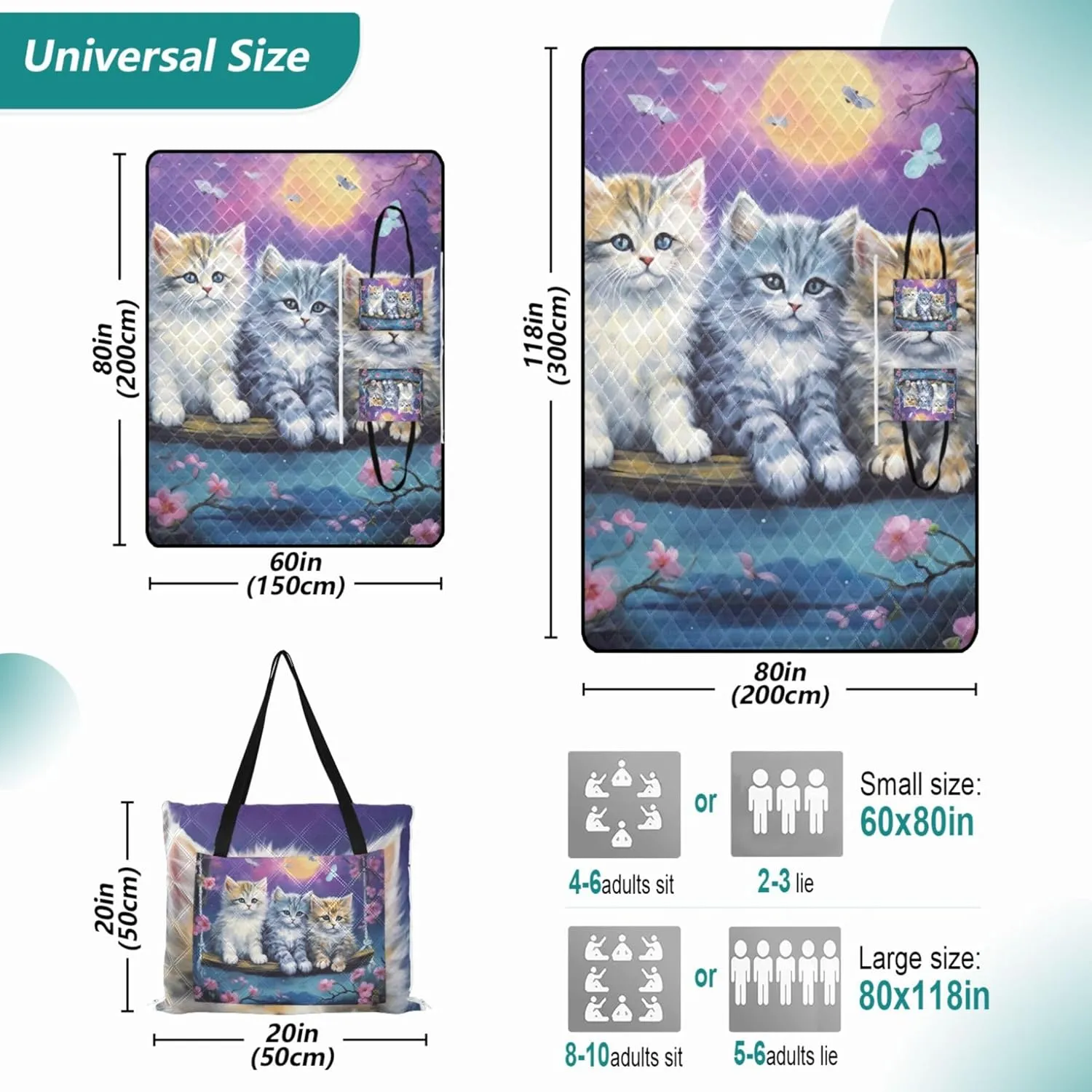 Cute Cats Family Sand Blankets for Beach Sandproof Foldable Picnic Mat Cute Grass Blanket Camping Mat 80" x 60"