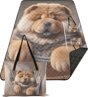 Cute Dog Chow Chow Puppy Sandproof Beach Blanket Waterproof, Outdoor Blanket Camping Mat Foldable Picnic Blankets Large, 80" x 60"