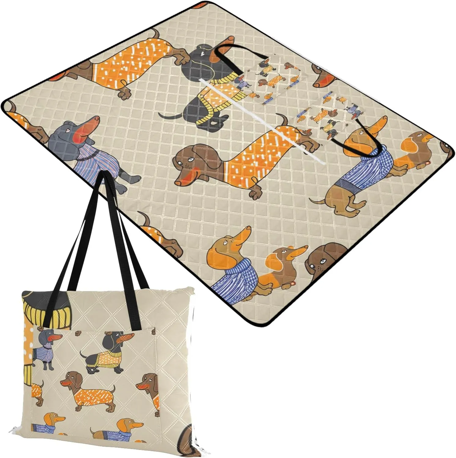 Cute Dog Dachshunds Colorful Oversized Beach Blanket Waterproof Lawn Blanket for Grass Mat Cute Picnic Essentials Foldable 80" x 60"