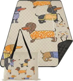 Cute Dog Dachshunds Colorful Oversized Beach Blanket Waterproof Lawn Blanket for Grass Mat Cute Picnic Essentials Foldable 80" x 60"