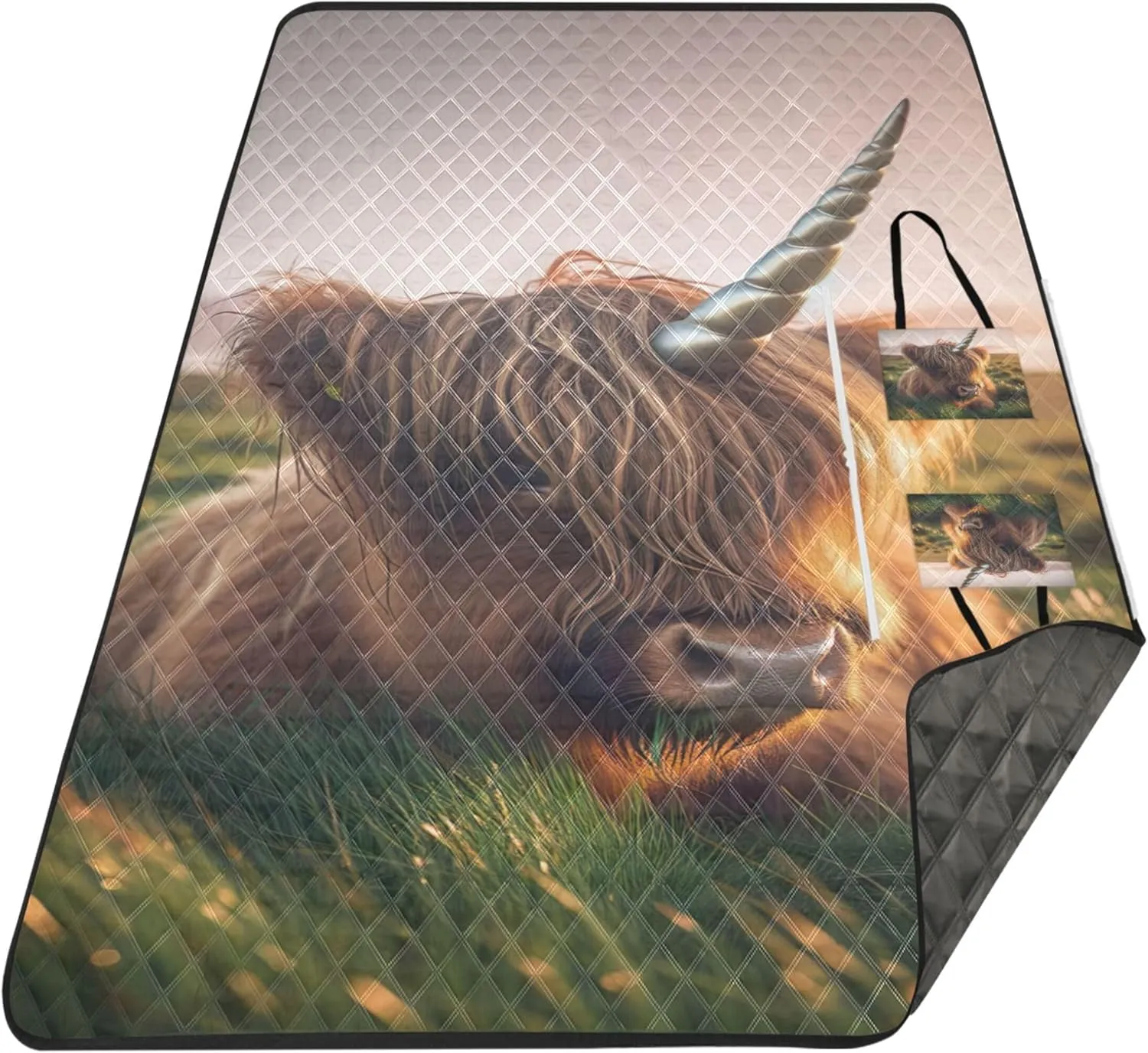 Cute Highland Cattle Unicorn Sand Blankets for Beach Sandproof Picnic Supplies Foldable Mat Print Camping Blanket for Grass 80" x 60"