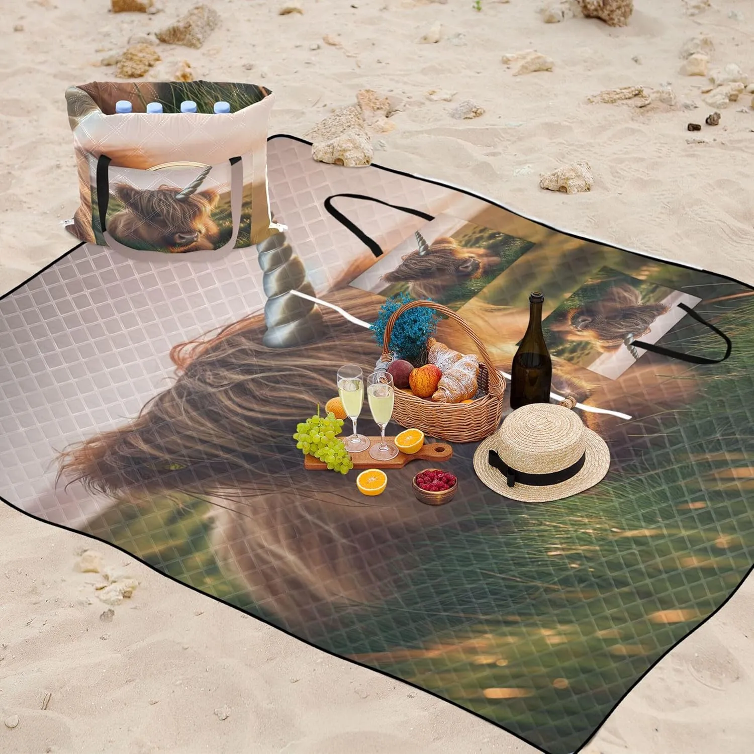 Cute Highland Cattle Unicorn Sand Blankets for Beach Sandproof Picnic Supplies Foldable Mat Print Camping Blanket for Grass 80" x 60"