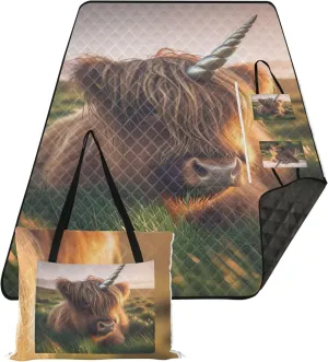 Cute Highland Cattle Unicorn Sand Blankets for Beach Sandproof Picnic Supplies Foldable Mat Print Camping Blanket for Grass 80" x 60"