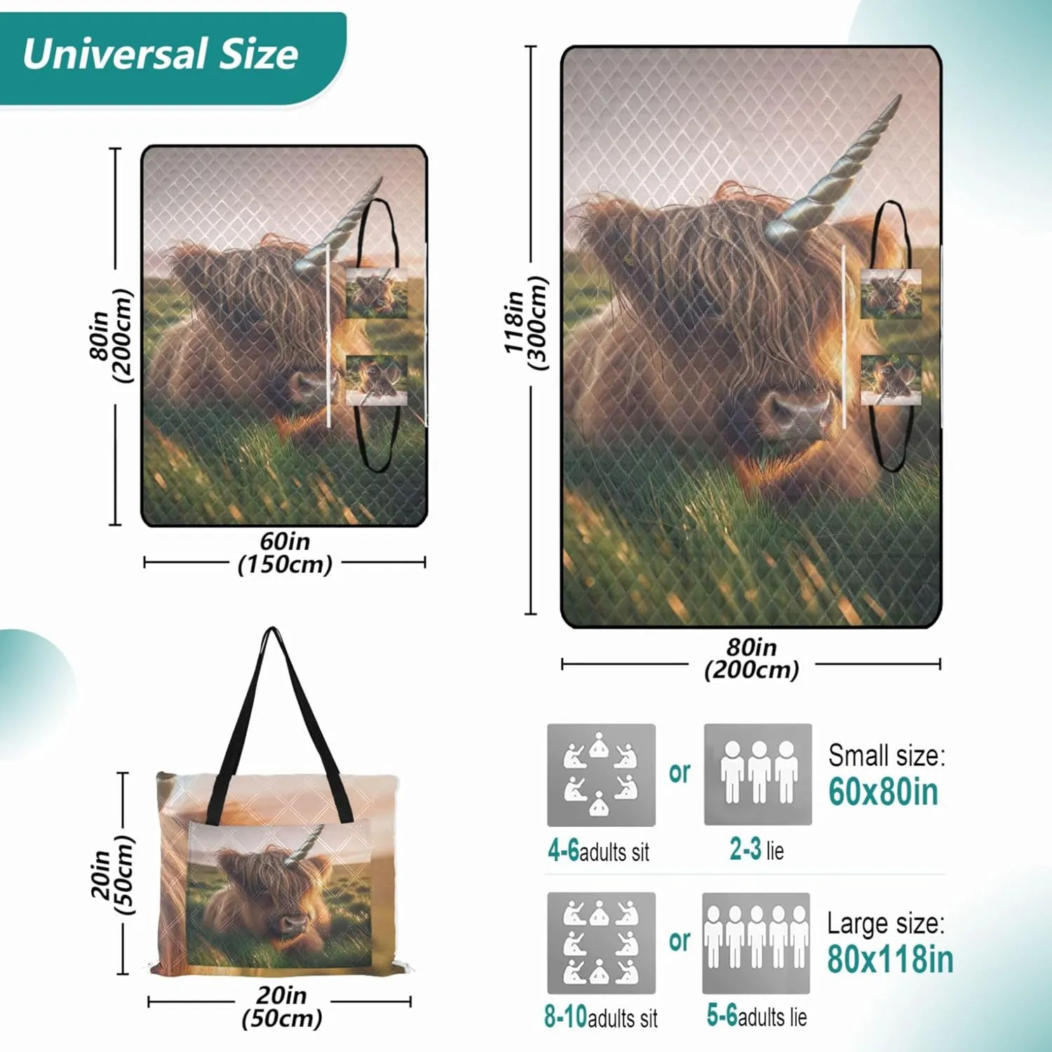 Cute Highland Cattle Unicorn Sand Blankets for Beach Sandproof Picnic Supplies Foldable Mat Print Camping Blanket for Grass 80" x 60"