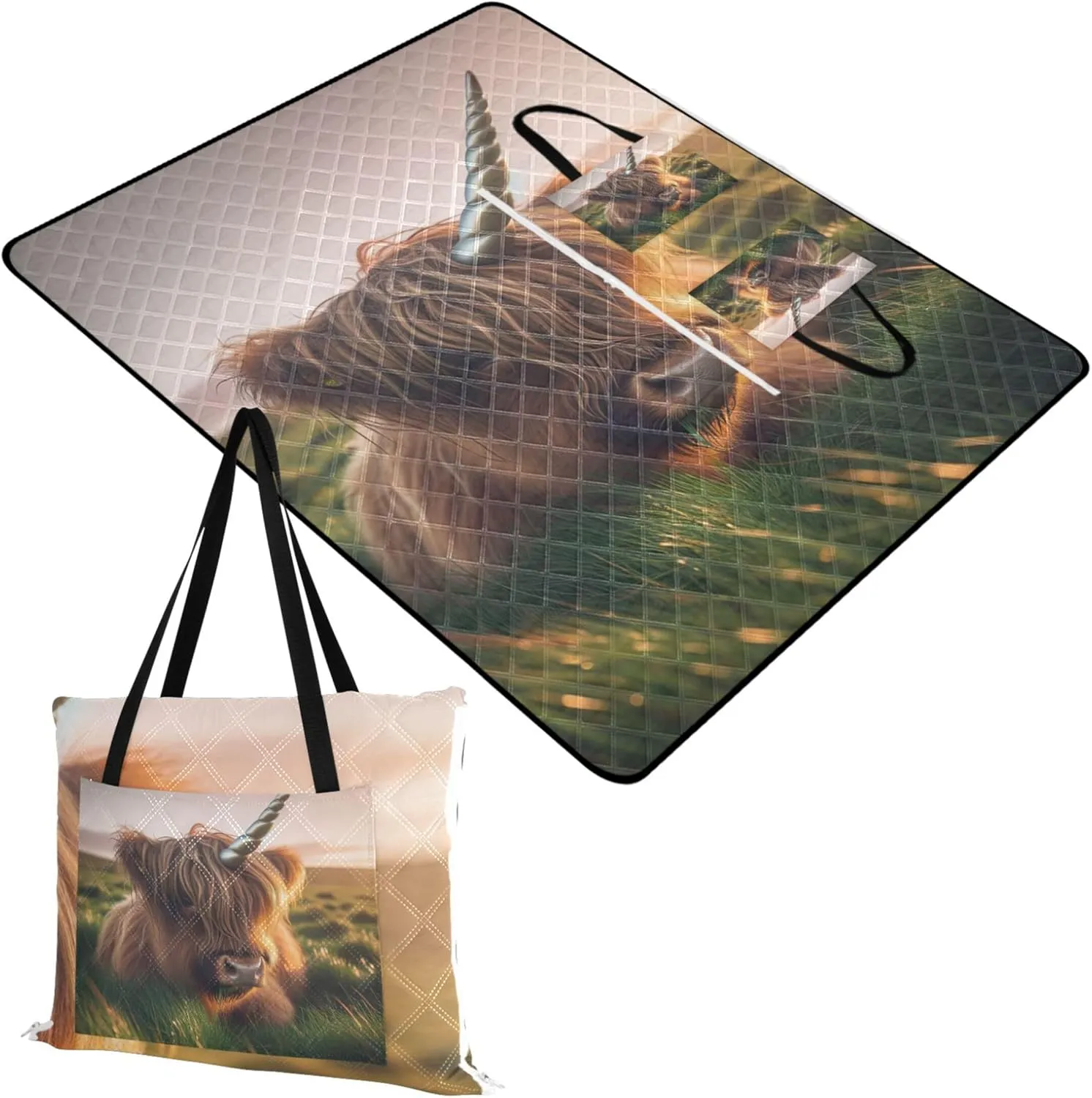 Cute Highland Cattle Unicorn Sand Blankets for Beach Sandproof Picnic Supplies Foldable Mat Print Camping Blanket for Grass 80" x 60"
