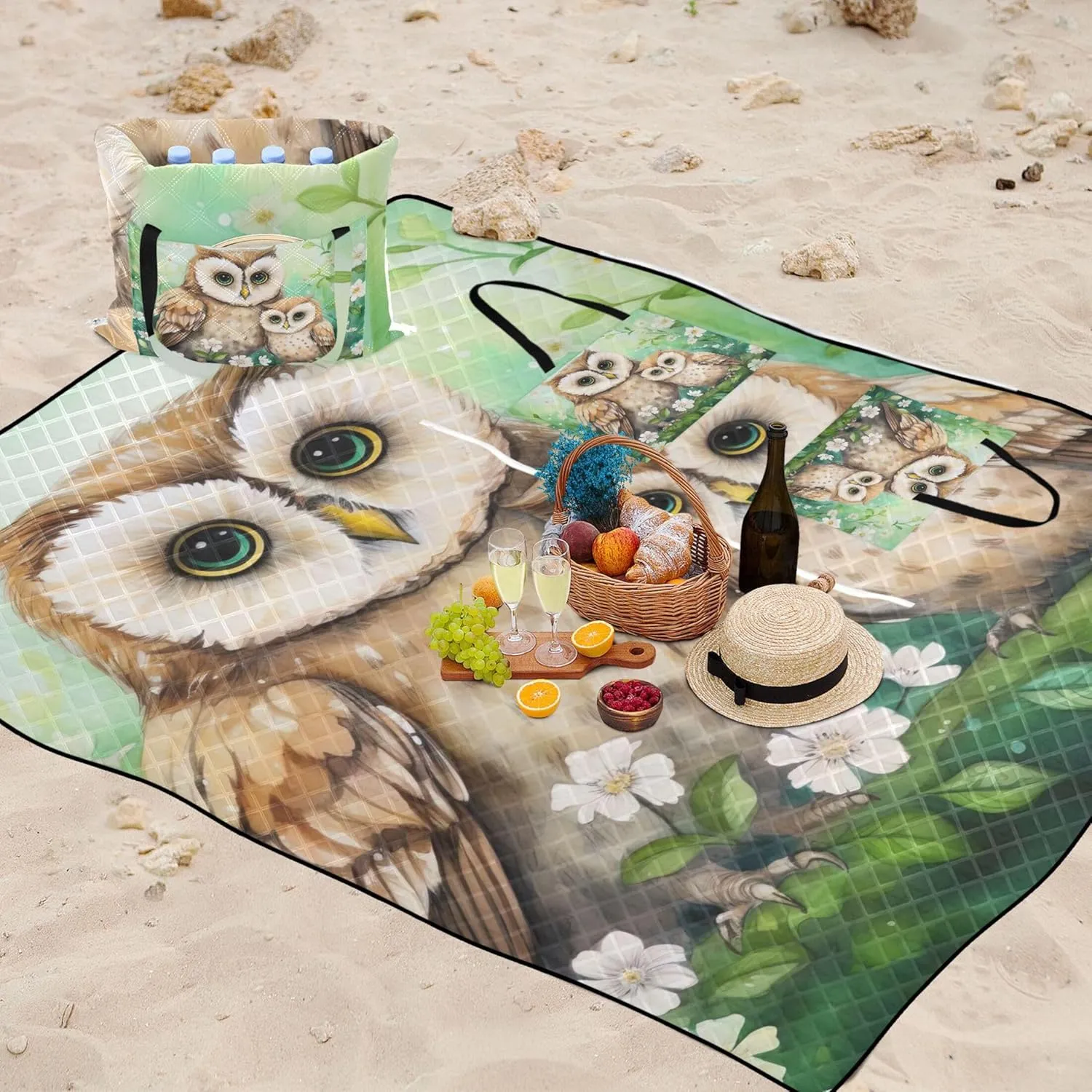 Cute Owls Floral Waterproof Beach Blanket Oversized Pink Picnic Blanket Foldable Outdoor Blanket Camping Mat 80" x 60"
