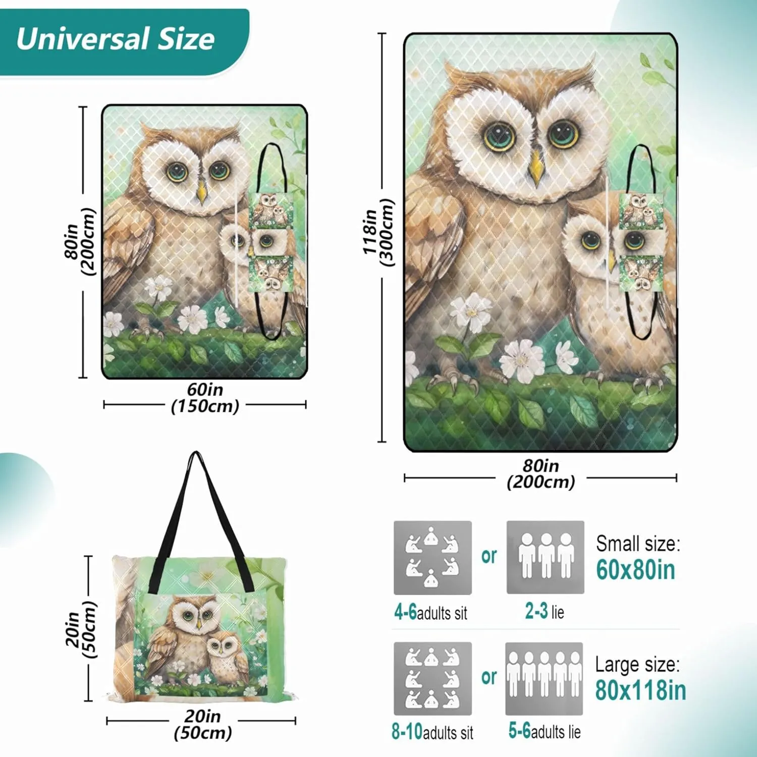 Cute Owls Floral Waterproof Beach Blanket Oversized Pink Picnic Blanket Foldable Outdoor Blanket Camping Mat 80" x 60"