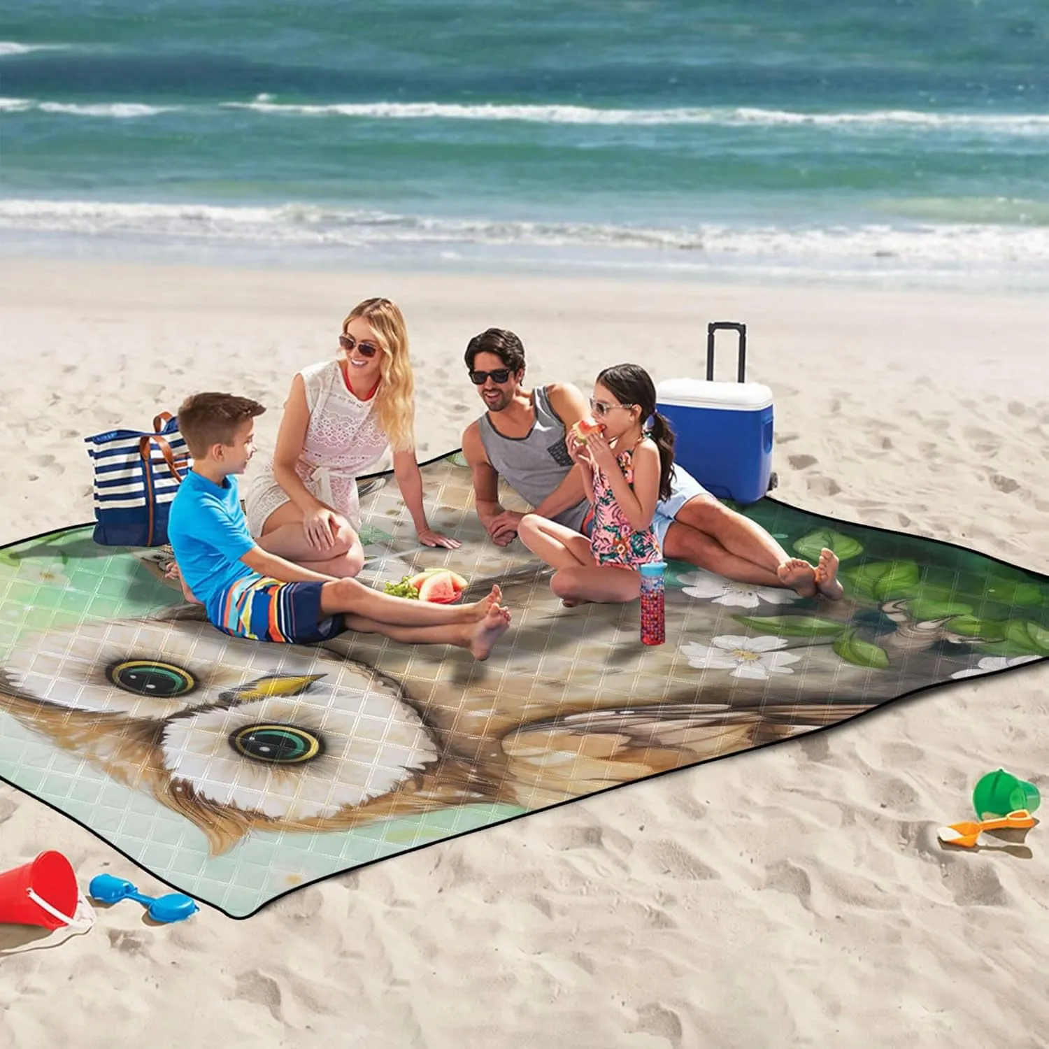Cute Owls Floral Waterproof Beach Blanket Oversized Pink Picnic Blanket Foldable Outdoor Blanket Camping Mat 80" x 60"