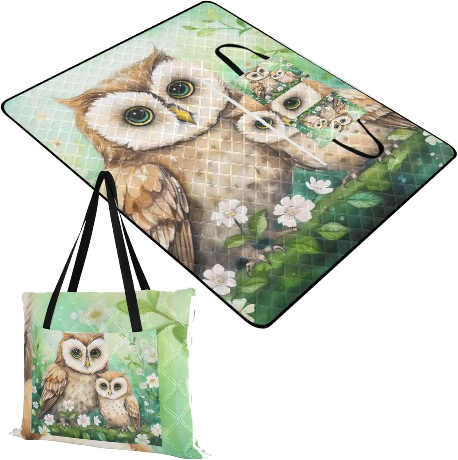 Cute Owls Floral Waterproof Beach Blanket Oversized Pink Picnic Blanket Foldable Outdoor Blanket Camping Mat 80" x 60"