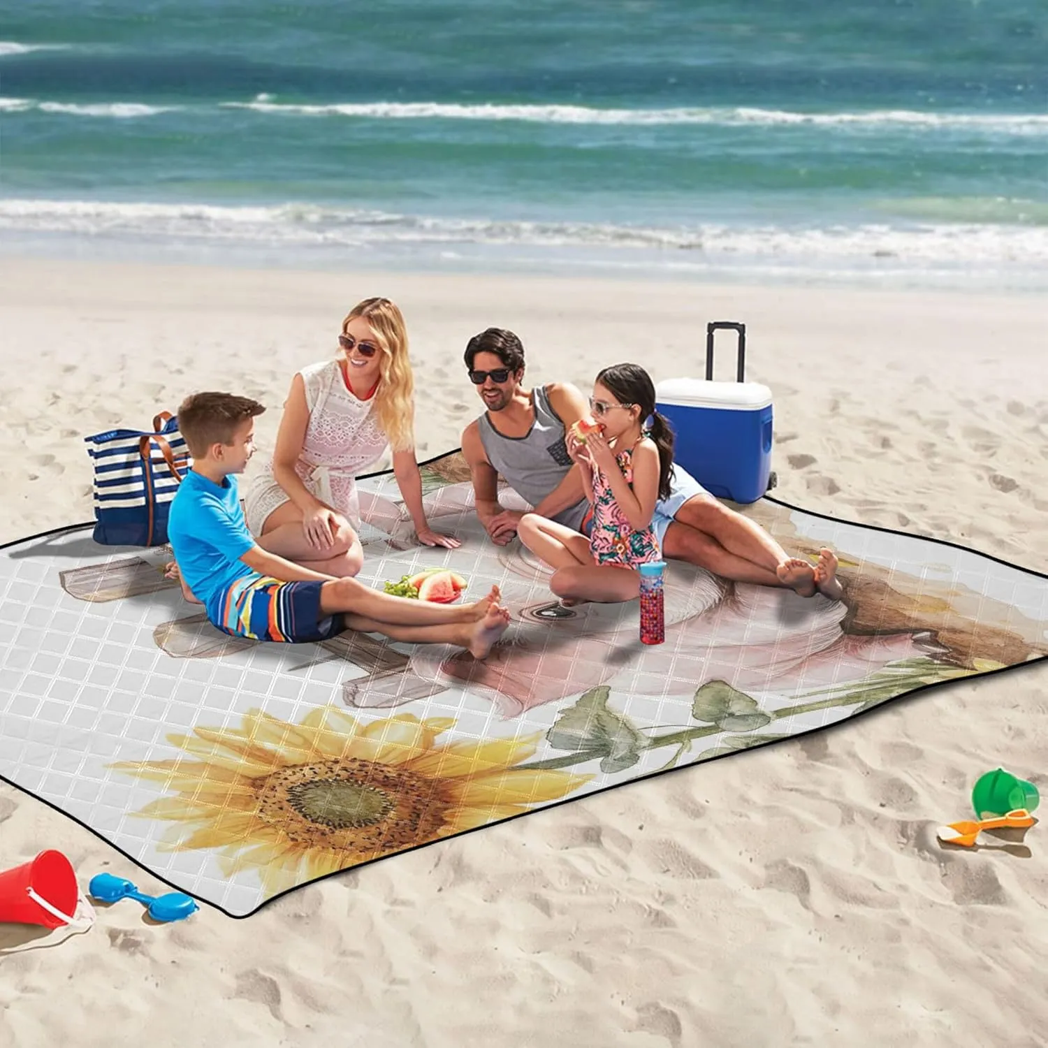 Cute Pig Sunflower Picnic Accessories Foldable Sand Free Beach Blanket Waterproof Floral Camping Blanket for Grass 80" x 60"